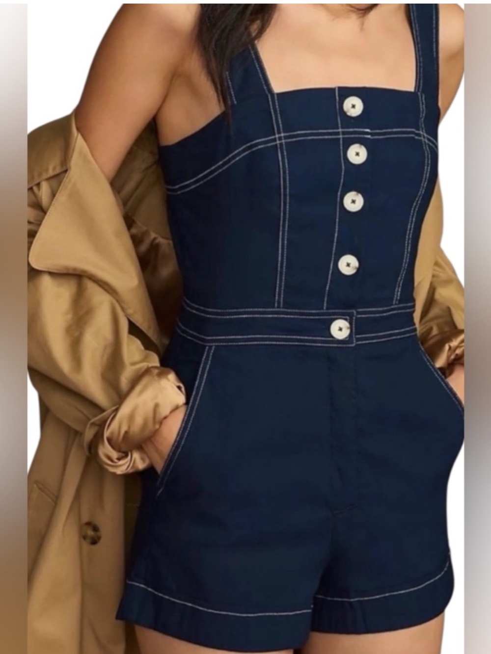 Anthropologie Maeve Portside Button-Front Denim Shorts Romper Denim Dark NWOT 6